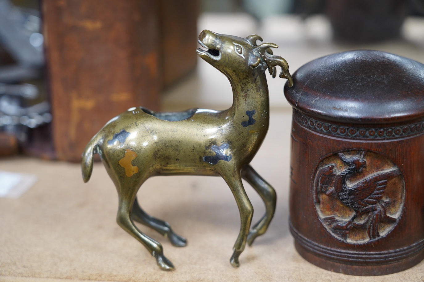 Two 19th century Chinese bronze, copper and silver inlaid censers in the form of animals and a bamboo tea caddy, largest 14cm high. Condition - fair